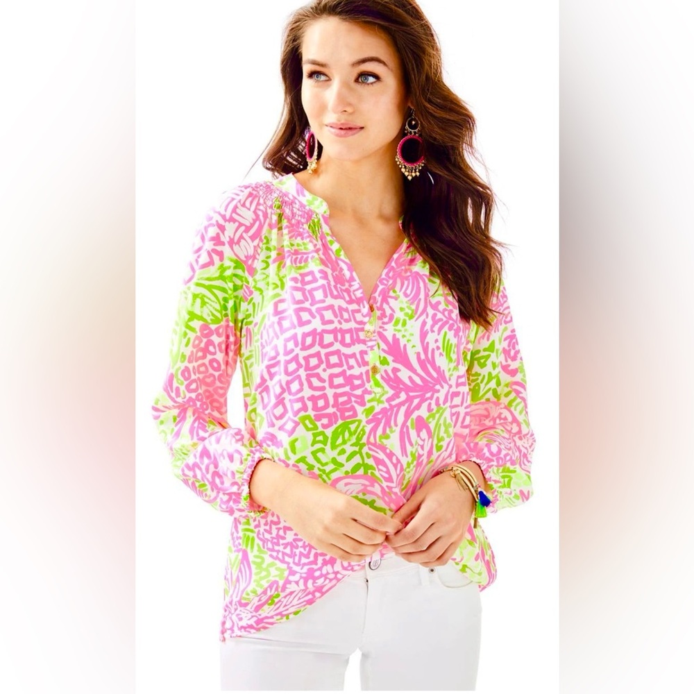 Lilly Pulitzer Pink and Green Printed Long-Sleeve Blouse